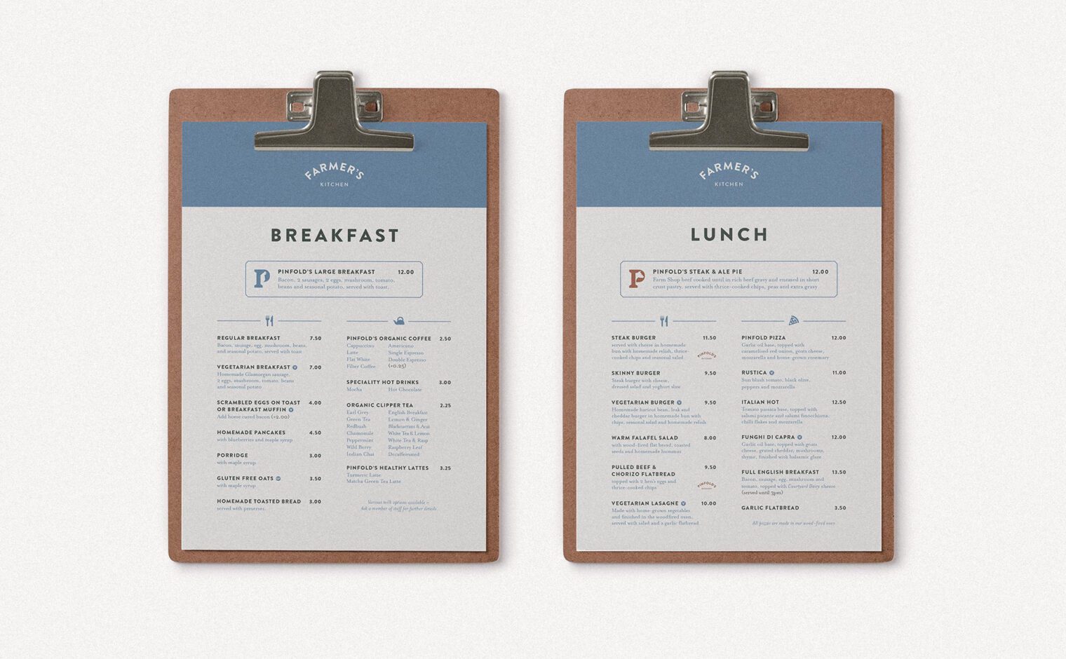 Pinfold Farm Shop breakfast and lunch menus on clipboards