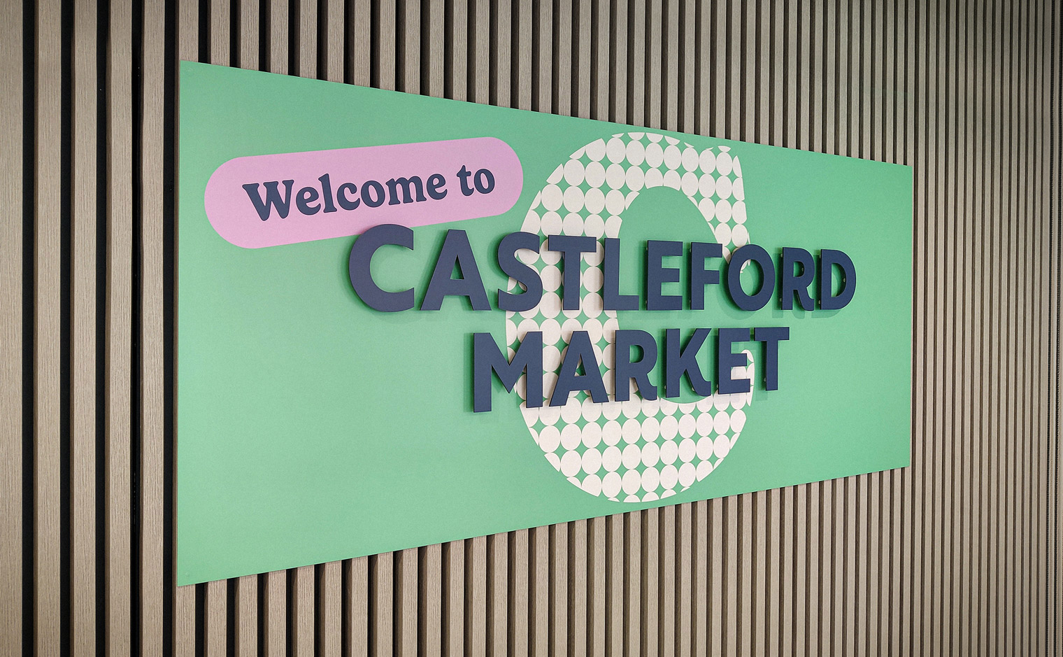 Wakefield District Markets Brand Identity - Castleford Market entrance sign with 3D lettering