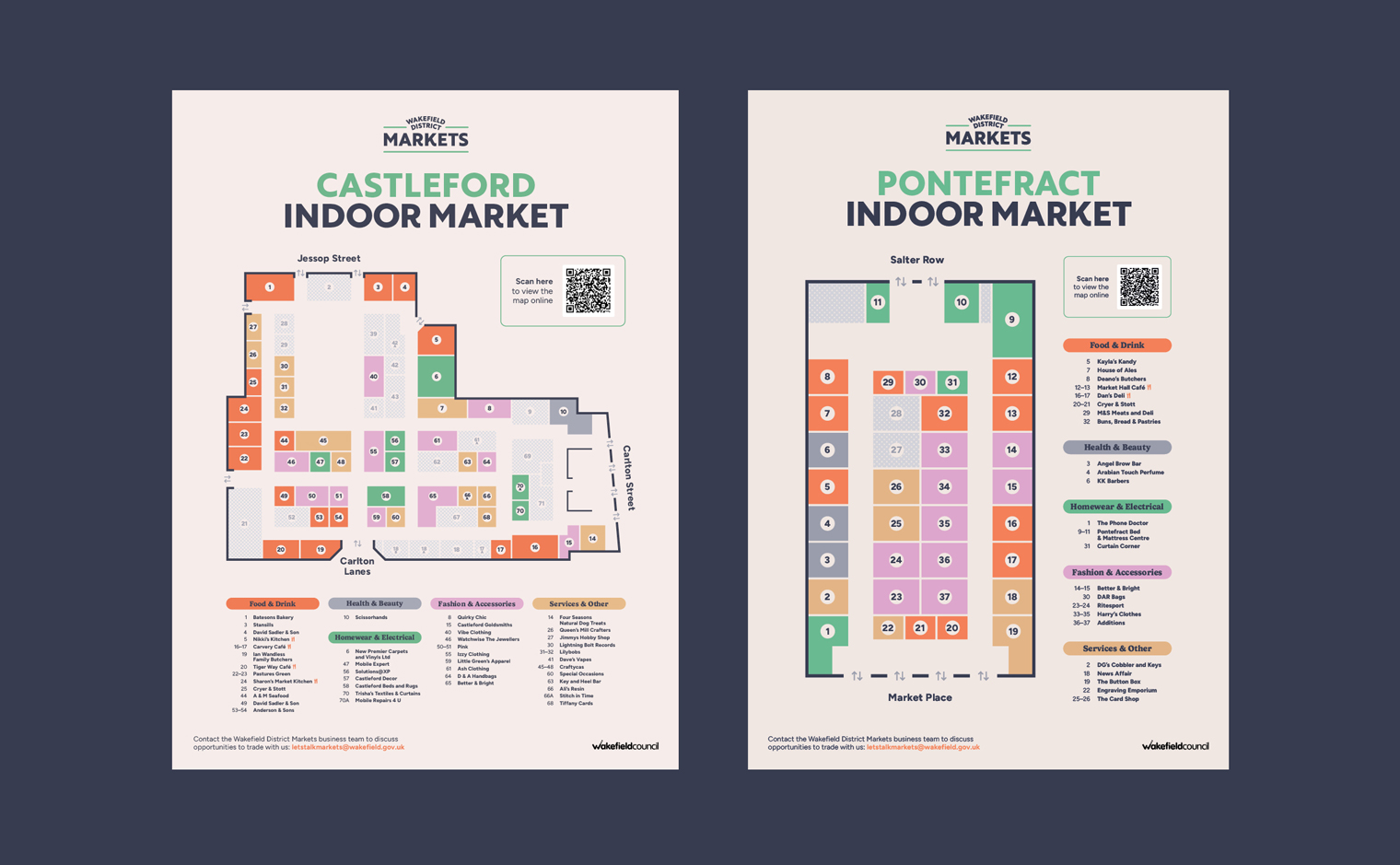 Wakefield District Markets Brand Identity - Indoor Market Floorplan Maps for Pontefract and Castleford