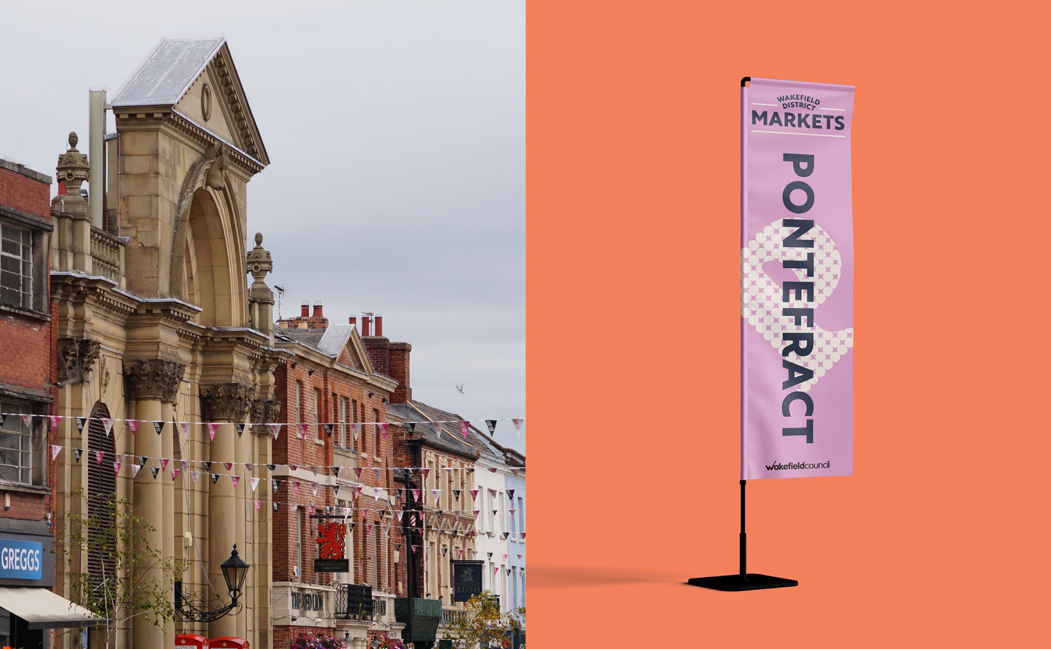 Wakefield District Markets Brand Identity - Pontefract Market Hall exterior and Feather Flag