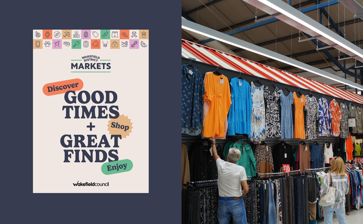 Wakefield District Markets Brand Identity - Poster and Castleford Market interior