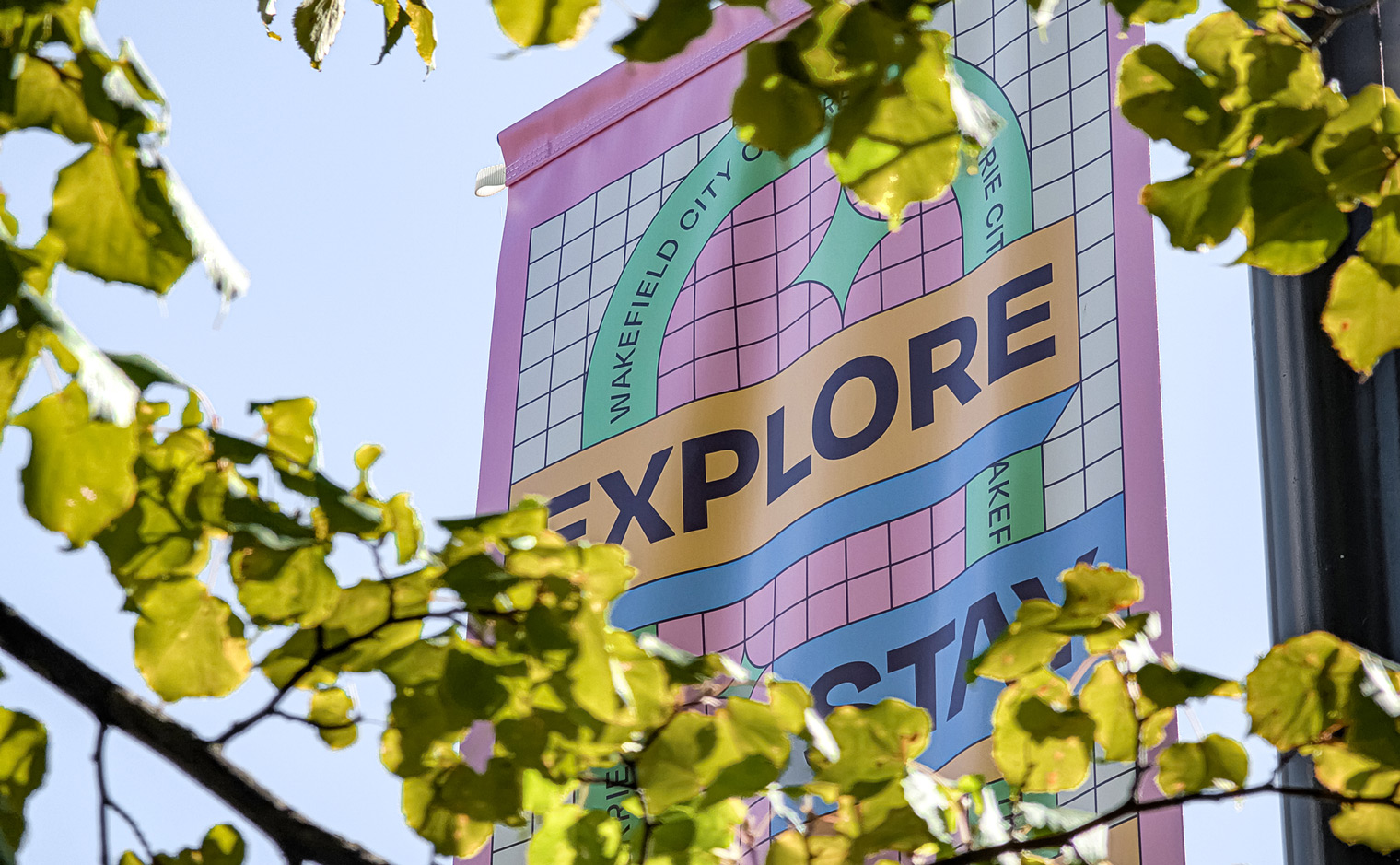 'Ey Up Wakefield' City Centre Lamppost Flag Banners for Wakefield BID - Detail