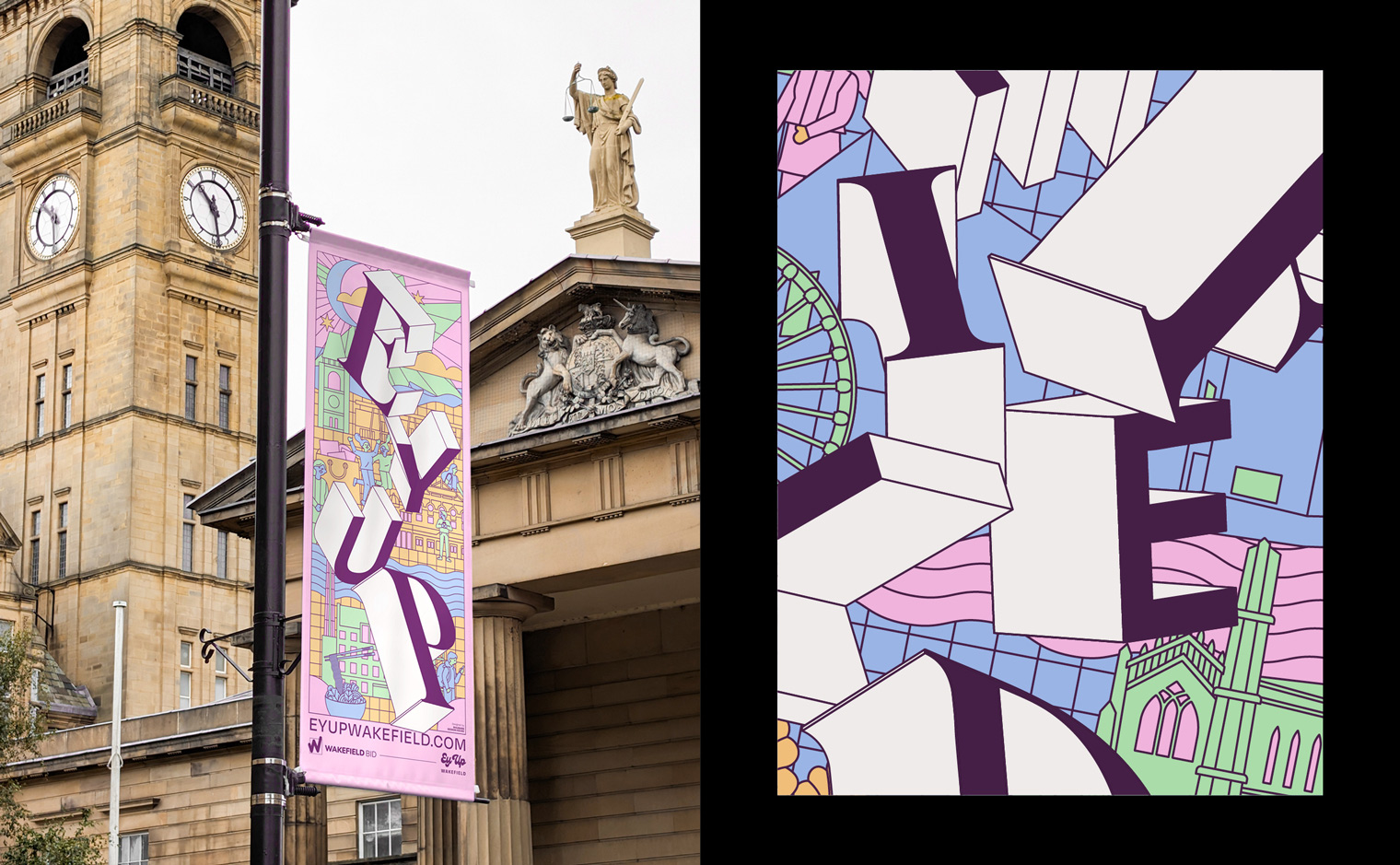 'Ey Up Wakefield' City Centre Lamppost Flag Banners for Wakefield BID - View of Wood Street and Artwork Detail