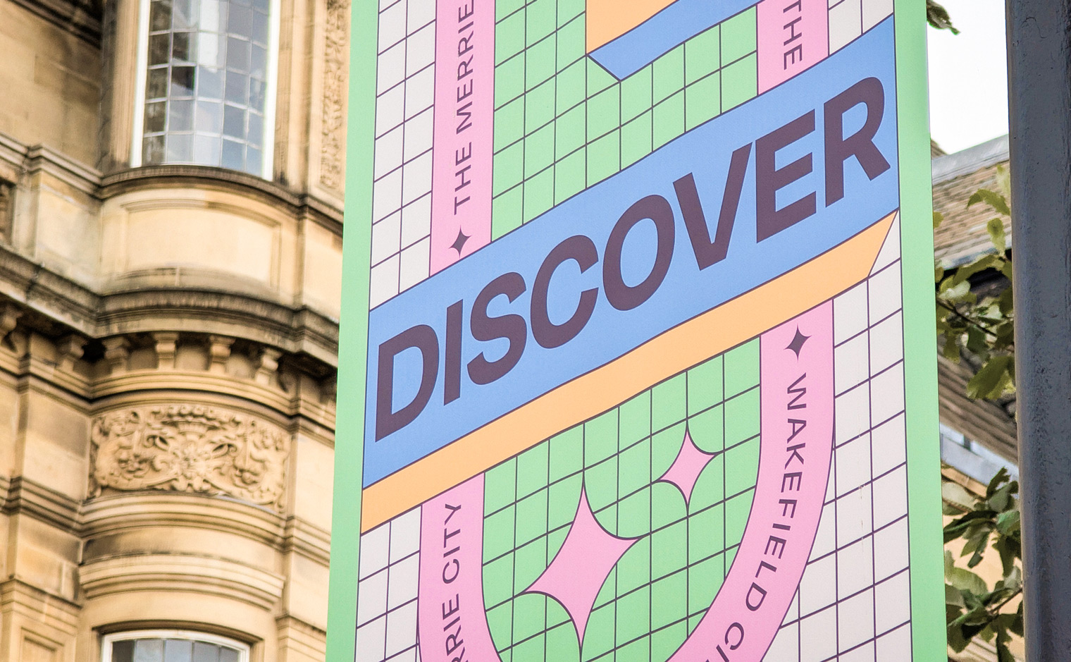 'Ey Up Wakefield' City Centre Lamppost Flag Banners for Wakefield BID - Detail